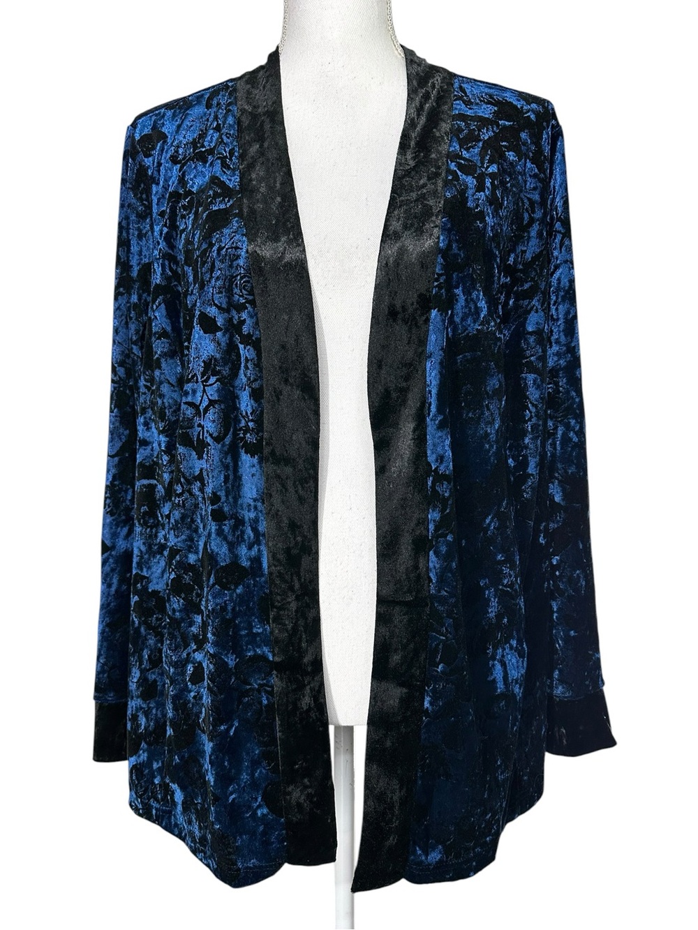 BOB MACKIE / Wearable Art / Blue & Black Crushed Velvet Cardigan Jacket Size 1X